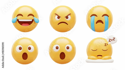 A collection of six yellow emoji faces expressing different emotions on a white background setting