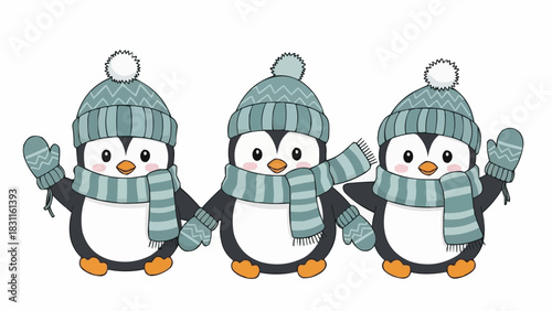 Three adorable penguins in winter hats and scarves waving with mittens on a white background scene