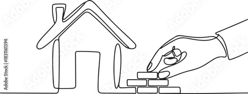 One line continuous building house. Concept of hand arranging bricks. one line Icon drawing