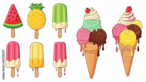 Illustration depicting an assortment of colorful ice cream treats and popsicles with various fruit flavors