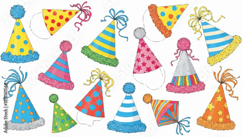 A collection of party hats in various colors and patterns arranged on a white background surface