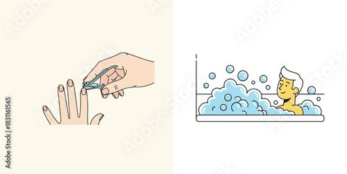 Minimalist Vector Illustrations of Nail Trimming and Relaxing in a Bubble Bath