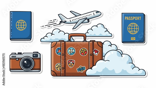 Cartoon travel scene featuring a suitcase, airplane, camera, passports, and fluffy white clouds