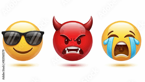 Three emojis displaying different emotions including cool devilish and crying face with tears 100