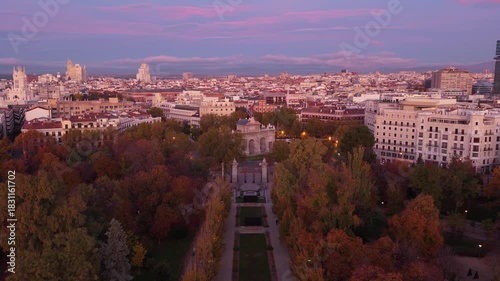 Aerial view of Puerta de Alcala, Madrid, Spain.