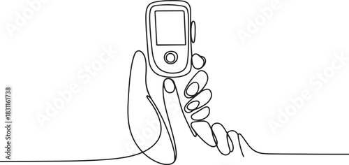 Continuous one line art drawing. Hand with oximeter on finger. Digital device to measure oxygen saturation in human, Single one line drawing Pulse Oximeter. one line Icon drawing