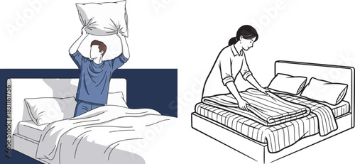 Line Art Illustration of Bed Making and Pillow Fluffing