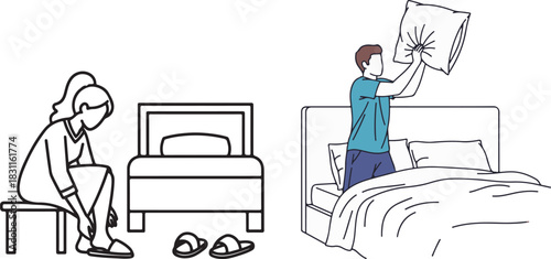 Bedroom scene vector illustration: woman dressing and man with pillow