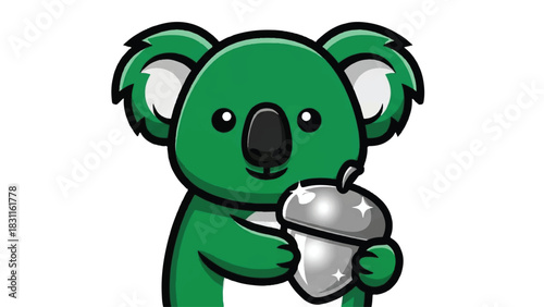 Cute green cartoon koala holding a shiny silver acorn.