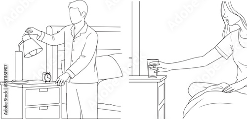 Black and White Line Art of People in Bedside Scenes