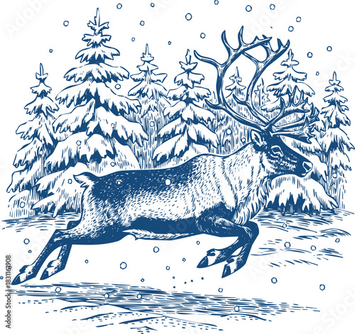 Reindeer running through snowy forest during winter with pine trees caribou animal