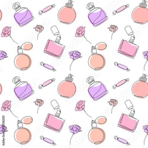 Seamless one line perfume pattern with floral elements in soft pastel tones. Design is perfect for cosmetic branding, prints, packaging, beauty-related projects and lifestyle content.
