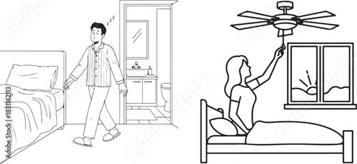 Line Art of Morning Routine in Bedroom and Bathroom
