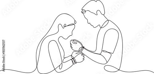 Raksha Bandhan celebration continuous one line drawing. Sister tying on brother’s hand, Raksha Bandhan celebration continuous one line drawing. one line Icon drawing