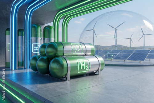 Hydrogen fuel storage tanks with green energy pipes and renewable wind turbines and solar panels under protective dome, symbolizing clean sustainable energy technology