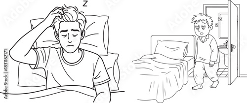 Stylized Line Art of a Tired Person in Bed and Waking Up