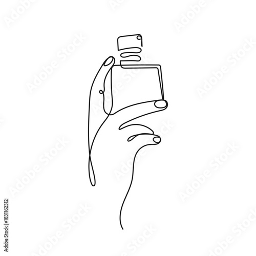 Hand holding perfume bottle. Minimal line art vector. Ideal for beauty, fragrance, skincare, luxury branding, wellness blogs, minimalist design projects.