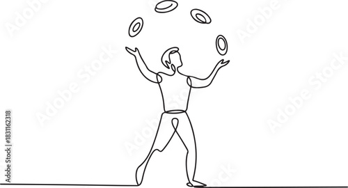 Continuous one line drawing circus artist. Circus. The juggler juggles. Circus performance. One continuous line isolated minimal illustration. one line Icon drawing