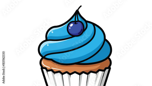 Delicious Blue Frosted Cupcake with Cherry Topping Illustration.