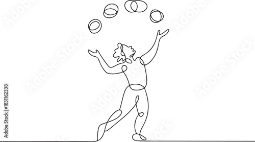 Continuous one line drawing circus artist. Circus. The juggler juggles. Circus performance. One continuous line isolated minimal illustration. one line Icon drawing