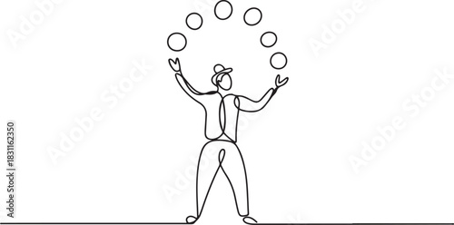 Continuous one line drawing circus artist. Circus. The juggler juggles. Circus performance. One continuous line isolated minimal illustration. one line Icon drawing