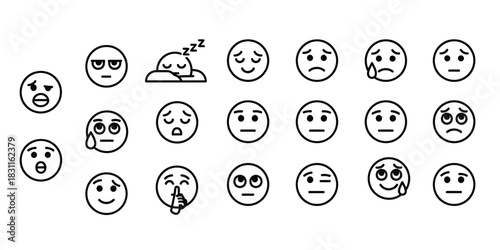 Collection of hand drawn emoticons expressing various emotions and feelings in black and white