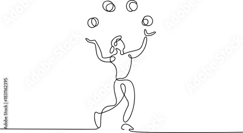Continuous one line drawing circus artist. Circus. The juggler juggles. Circus performance. One continuous line isolated minimal illustration. one line Icon drawing