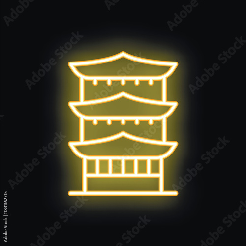 Bright, glowing yellow neon sign of a pagoda, a tiered tower common in east asian buddhist temples