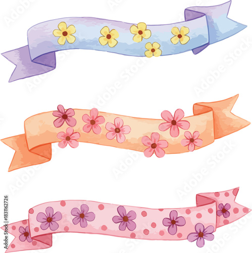 Three watercolor floral ribbons with delicate blossoms in pastel colors