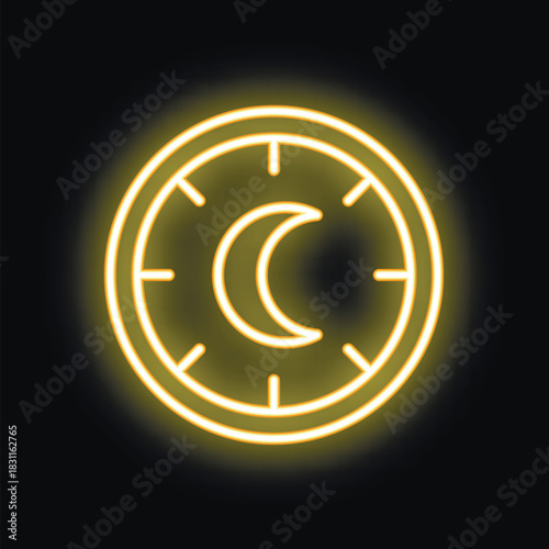 Neon sign of a clock showing a crescent moon, indicating night time