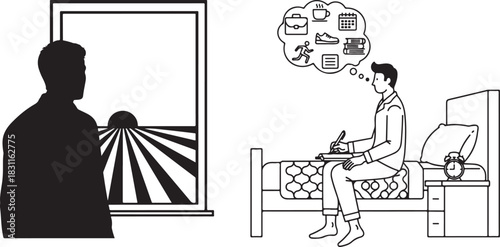 Monochromatic Line Illustration of a Man Planning His Day at Sunrise