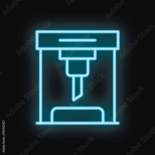 Blue neon icon of a 3d printer creating a rapid prototype on a black background