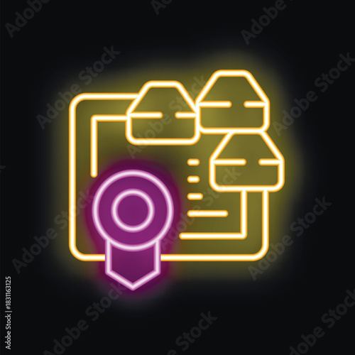Glowing neon icon representing a certified shipping service, perfect for illustrating secure and reliable delivery options