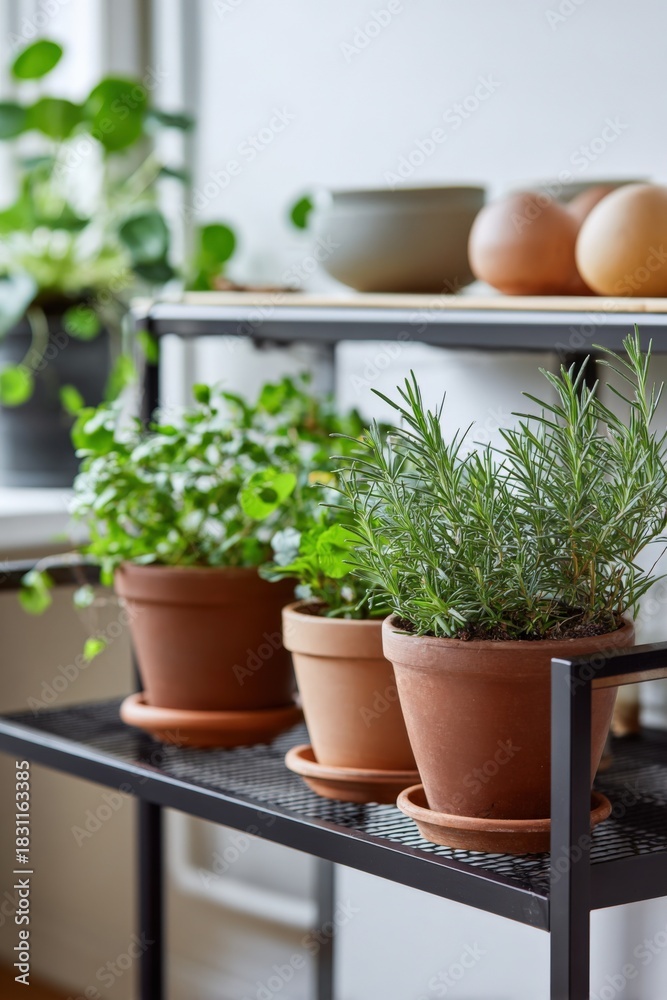 Fototapeta premium Indoor herb garden with rosemary and potted greenery on modern metal shelf