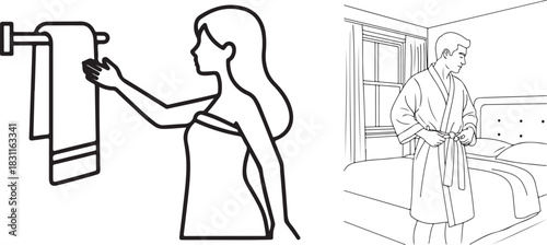 Minimalist Line Art Illustrations of People's Domestic Morning Routines