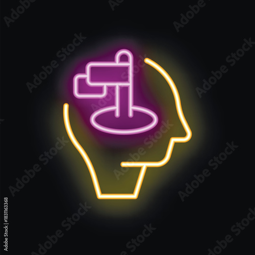 Neon sign illustrating the concept of decision making, featuring a head silhouette with a glowing destination signpost inside