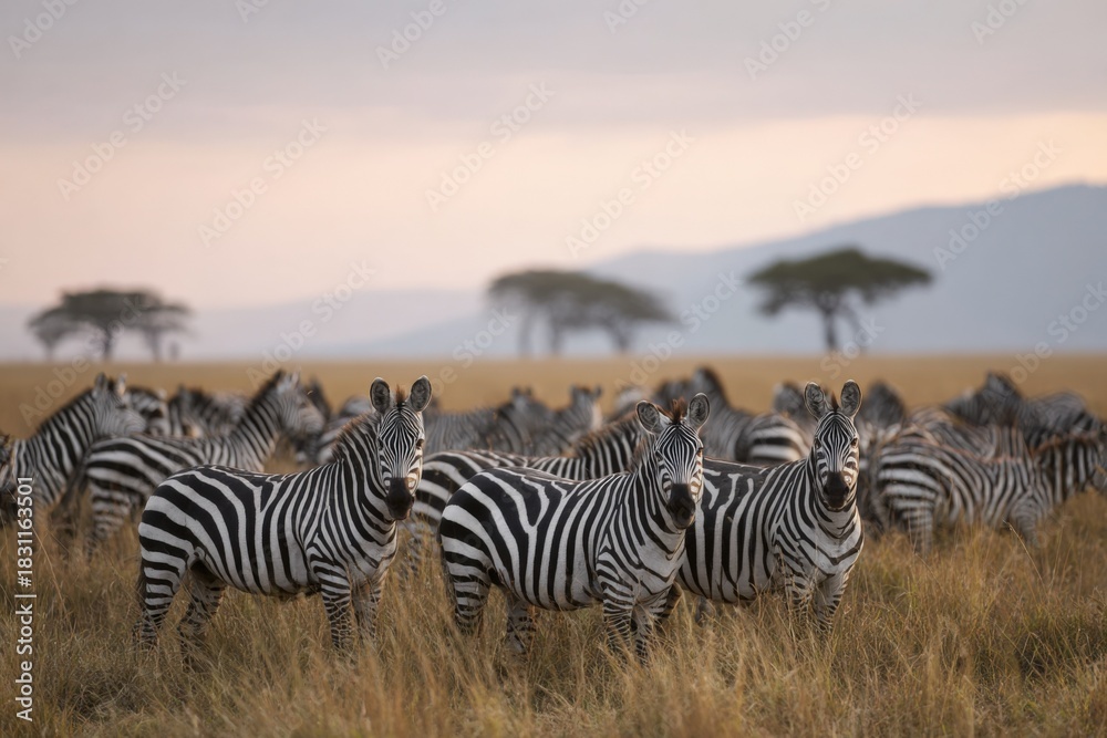 Naklejka premium Herd of zebras in african savanna at sunset with acacia trees in background