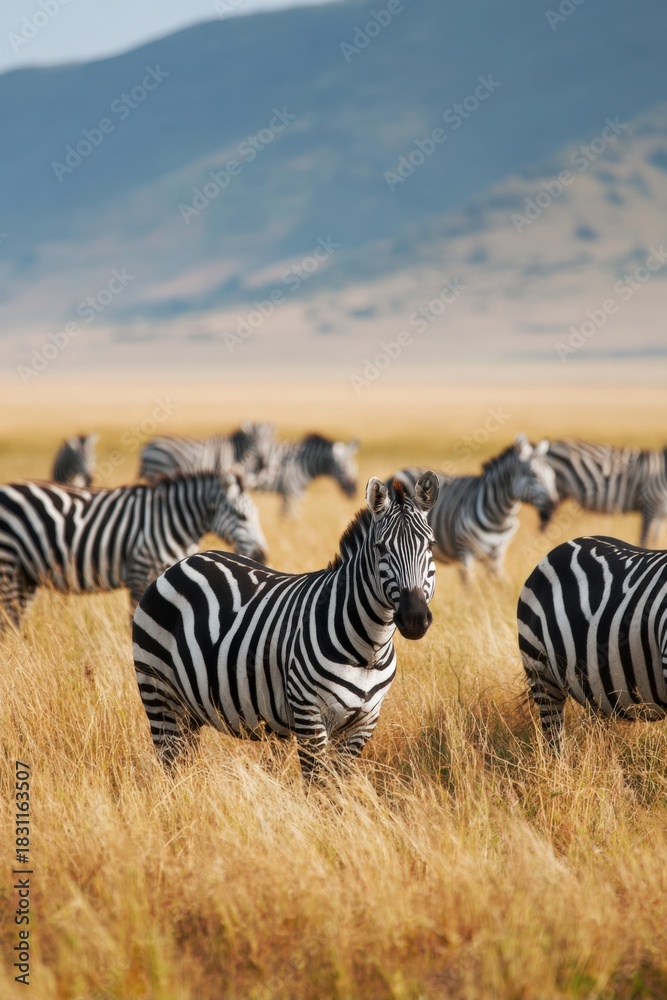 Obraz premium Herd of zebras grazing in african savanna with mountains in background
