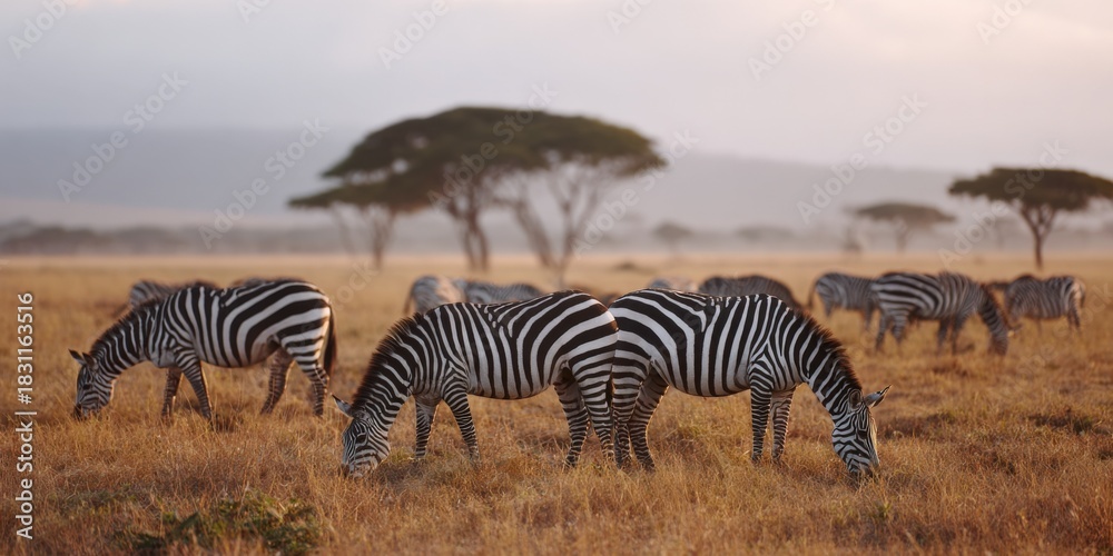 Obraz premium Zebras grazing in african savanna with acacia trees at sunset