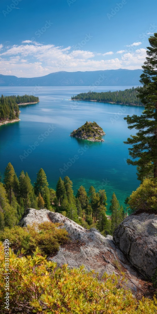 Naklejka premium Serene lake tahoe landscape with clear blue water and pine forested mountains