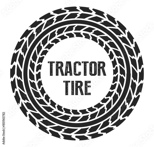Circular tractor tire tracks forming a bold round frame with the text Tractor Tire inside. The rugged wheel imprint creates a strong industrial look that is ideal for logos, icons.