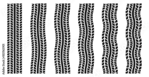 Set of tire tracks and treads in multiple shapes. Vector illustration featuring curved and straight