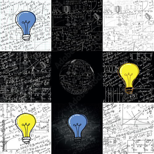 A collection of mathematical equations and formulas on a chalkboard. A set of hand-drawn diagrams and graphs on white and black backgrounds. A light bulb.