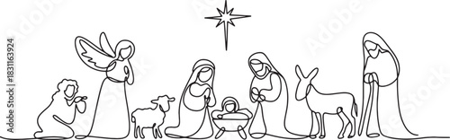 Nativity Scene Continuous Line Drawing on Transparent Background