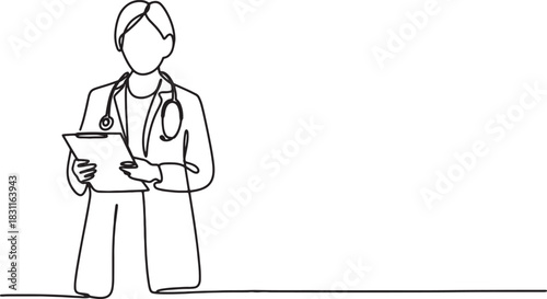 One Line Drawing of Female Doctor with Stethoscope and Clipboard