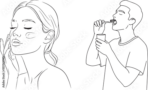 Line Art Illustration of Skincare and Dental Hygiene Routines