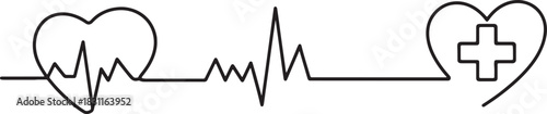 One line art of heart with heartbeat and healthcare symbol