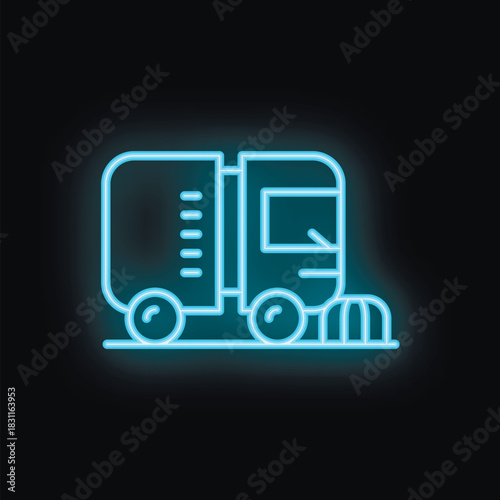 Blue neon icon of a garbage truck collecting waste on black background