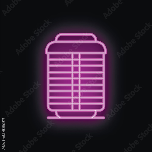 Bright purple neon icon of a modern electric heater is glowing on a dark background