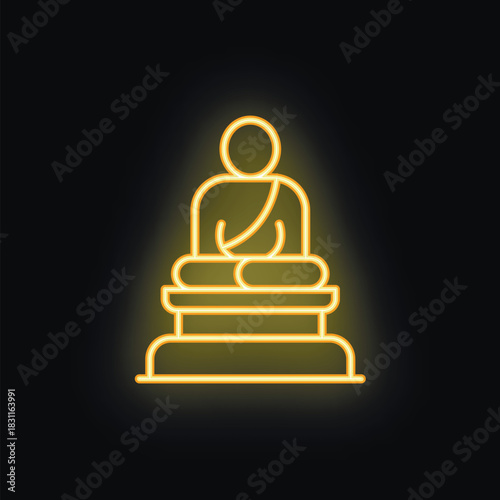 Yellow neon sign representing a buddha meditating in the lotus position, on a dark background